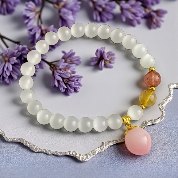 Elegant Natural Opal Beaded Dainty Stretchy Bracelet Pink Peach Charm - Picture 6 of 15